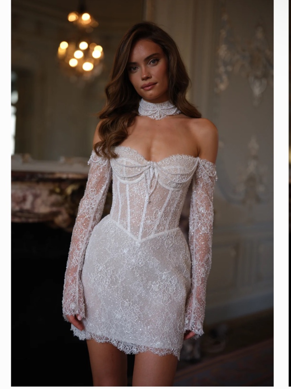 Rosie Etienne Juliette Dress. Off-Shoulder White Lace Mini Dress w/Sheer Sleeves